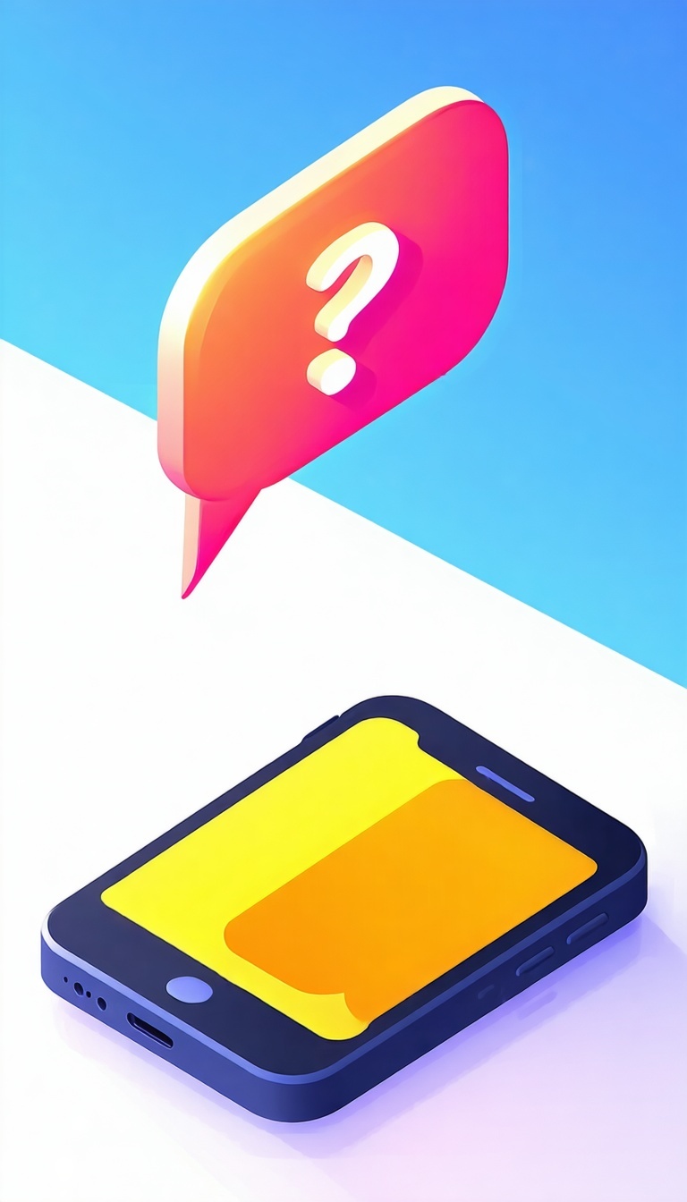 Mobilusis telefonas su dideliu pokalbių burbulu virš telefono, kuriame yra klausimo ženklas Naudokite ryškias spalvas - balandžio 24-2025-09-57-53-0038-AM