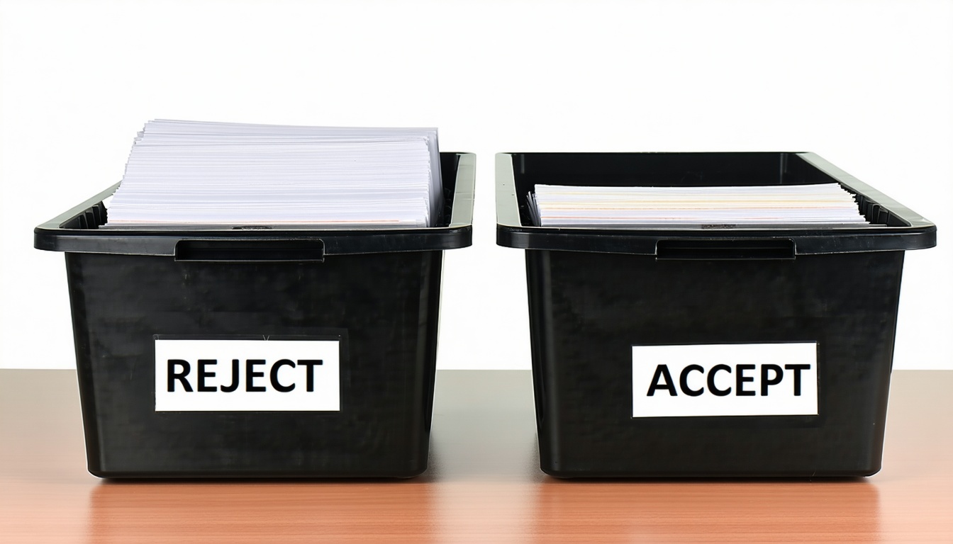 Ablagefächer auf dem Tisch Eines davon ist als REJECT und das andere als ACCEPT-1 gekennzeichnet