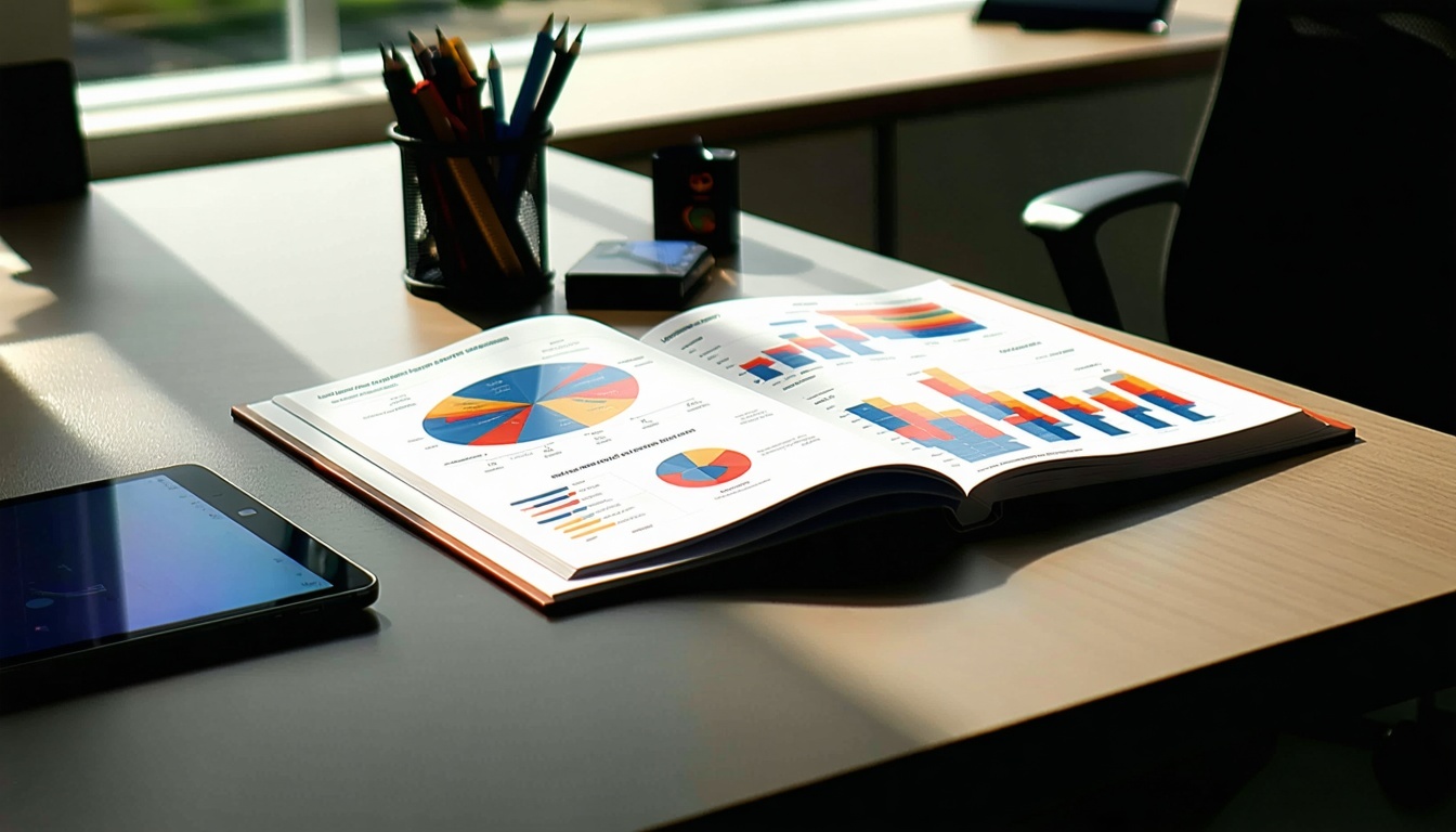 Der elegante, moderne Bürotisch verfügt über eine glatte, polierte Oberfläche, die durch natürliches Licht beleuchtet wird, das durch ein nahe gelegenes Fenster einfällt. Auf dem Schreibtisch liegt ein gebundener Marketingbericht, dessen professioneller Einband ein lebhaftes Design und eine kräftige Typog-2 aufweist.