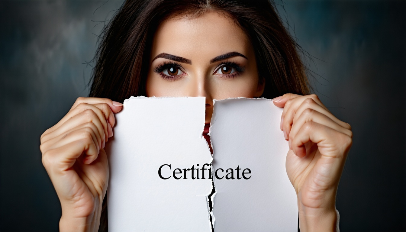 Die zarten, aber entschlossenen Hände der Frau greifen die Ränder eines knackigen, amtlich aussehenden Papiers, auf dem in fetter, formeller Schrift das Wort 